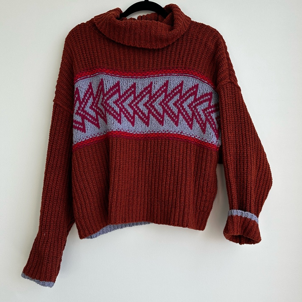 Free People Heavy Knit Aztec Turtleneck Cowl-neck Sweater Red Purple XSmall